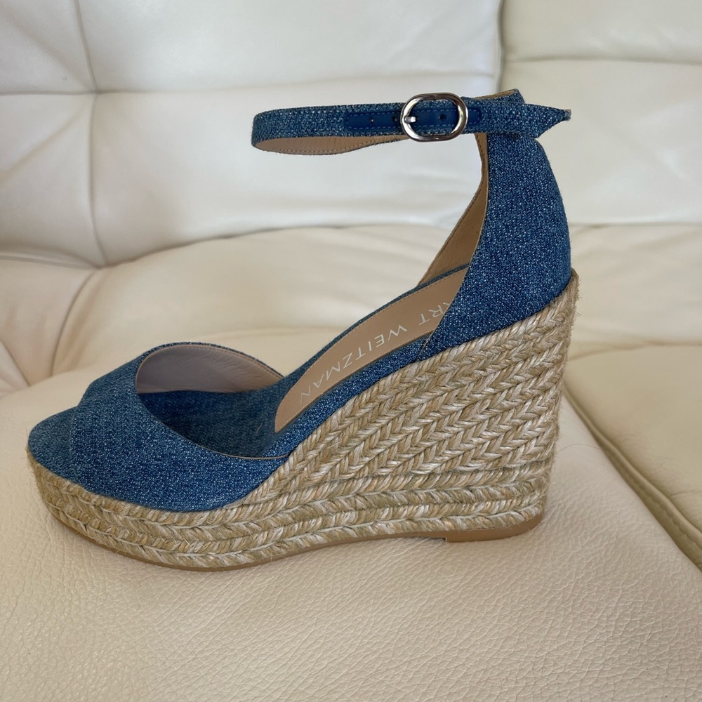 Stuart Weitzman denim ankle loop sandals, brand new
